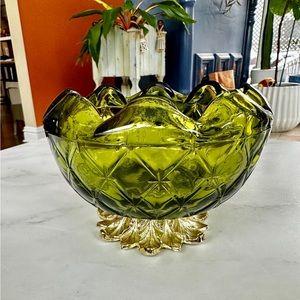 Indiana Glass Company Olive Green Bowl with Pedestal Metal Base